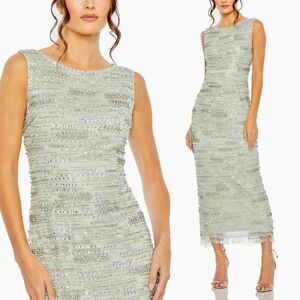 Mac Duggal NEW Sage Green Sleeveless Crystal‎ Fringe Column Dress $698 - Size 14